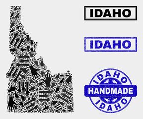 Vector handmade collage of Idaho State map and rubber stamp seals. Mosaic Idaho State map is organized from random hands. Blue stamp imprints with unclean rubber texture.