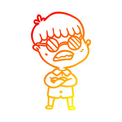 warm gradient line drawing cartoon boy with crossed arms wearing spectacles