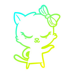 cold gradient line drawing cute cartoon cat with bow
