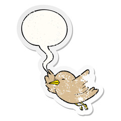 cartoon bird flying and speech bubble distressed sticker