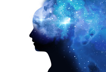 silhouette of virtual human with aura chakras on space nebula 3d illustration - obrazy, fototapety, plakaty