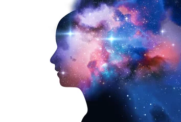 Fototapeten silhouette of virtual human with aura chakras on space nebula 3d illustration © monsitj