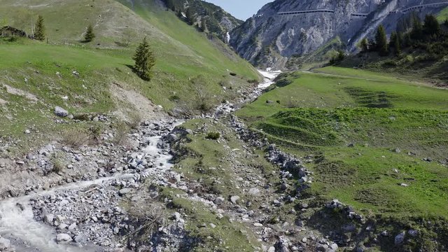 aerial view of mountain pass Flexen in the arlberg Alps, shot in summer on a sunny day
