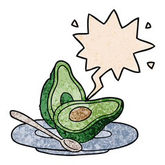 cartoon halved avocado and speech bubble in retro texture style