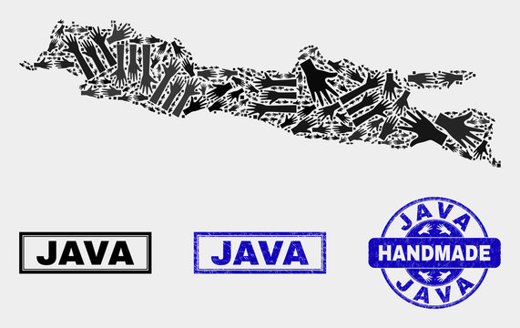 Vector handmade collage of Java Island map and textured stamp seals. Mosaic Java Island map is formed with random hands. Blue seals with corroded rubber texture.