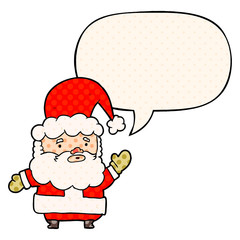 cartoon santa claus waving and speech bubble in comic book style