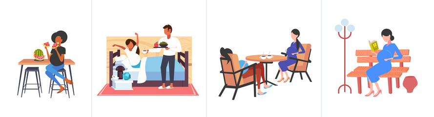 set pregnant women with belly in different situations pregnancy concepts collection full length flat horizontal