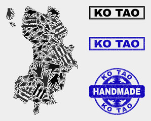 Vector handmade composition of Ko Tao map and rubber stamp seals. Mosaic Ko Tao map is composed of scattered hands. Blue stamp imprints with scratched rubber texture.