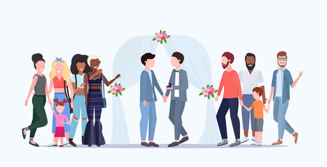 couple newly weds gays standing behind floral arch same gender happy married homosexual family wedding celebrating concept male cartoon characters full length flat horizontal