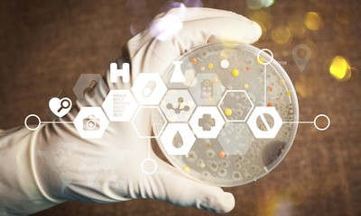Microbiology laboratory test in scientist hand on background