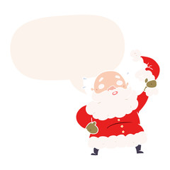 cartoon santa claus waving his hat and speech bubble in retro style