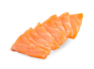 Slices of Raw Salmon Fillet Isolated on White Background Top View
