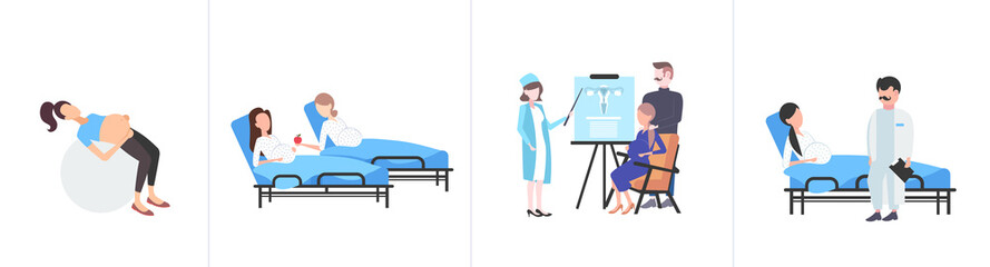 set pregnant women with belly different medicine healthcare pregnancy concepts collection full length flat horizontal banner