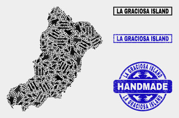 Vector handmade composition of La Graciosa Island map and dirty watermarks. Mosaic La Graciosa Island map is designed of randomized hands. Blue watermarks with grunge rubber texture.
