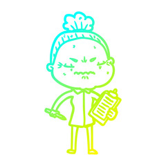 cold gradient line drawing cartoon annoyed old lady