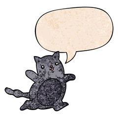 cartoon cat and speech bubble in retro texture style