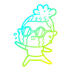 cold gradient line drawing cartoon crying woman wearing spectacles