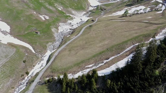 aerial view of mountain pass Flexen in the arlberg Alps, shot in summer on a sunny day
