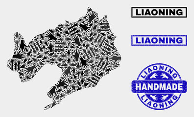 Vector handmade combination of Liaoning Province map and scratched watermarks. Mosaic Liaoning Province map is created of randomized hands. Blue watermarks with distress rubber texture.