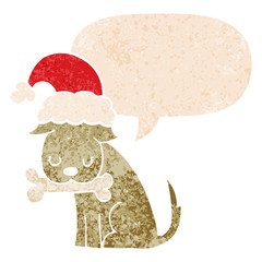 cute christmas dog and speech bubble in retro textured style