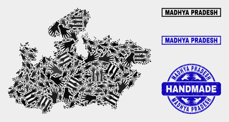 Vector handmade composition of Madhya Pradesh State map and rubber seals. Mosaic Madhya Pradesh State map is composed of random hands. Blue seals with distress rubber texture.