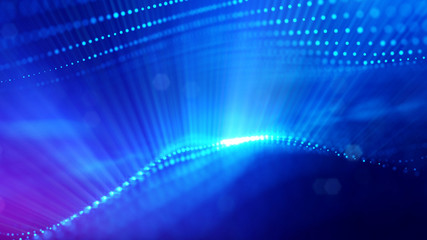 Obraz premium 3d rendering background of glowing particles with depth of field, bokeh. Microworld or sci-fi theme. Particles form line and 3d surface grid. Blue 5