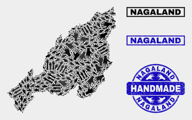 Vector handmade combination of Nagaland State map and corroded watermarks. Mosaic Nagaland State map is constructed with randomized hands. Blue watermarks with corroded rubber texture.