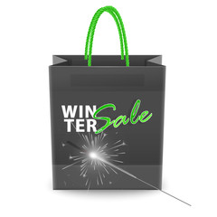 Black shopping bag with the text winter sale, Christmas Poster Sale, Realistic vector illustration