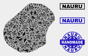 Vector handmade combination of Nauru map and dirty seals. Mosaic Nauru map is constructed with scattered hands. Blue seals with distress rubber texture.