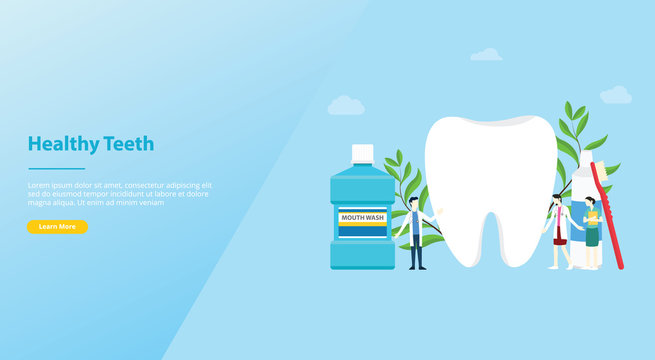 teeth or tooth care healthy with team doctor and big teeth and tooth brush for website template or landing homepage - vector