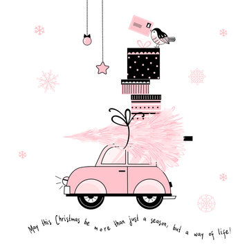 Christmas presents delivery hand drawn vector illustration. Cute pink car cartoon sketch. Kawaii holiday drawing on white background. Xmas, New Year postcard, greeting card glamour design layout