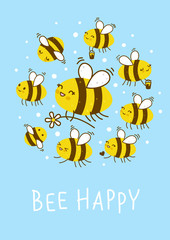 Cute honey bees on blue sky background