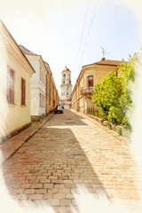 Fototapeta na wymiar Imitation of the picture. Vyborg. Vodnoy Zastavy Street (Vesiportinkatu)
