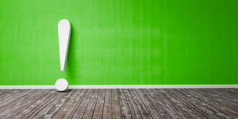 White exclamation mark on wooden floor and concrete green wall 3D Illustration Warning Concept