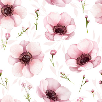 Seamless floral pattern background for wallpaper, card or fabric. Water color style, Anemone flower. Vector