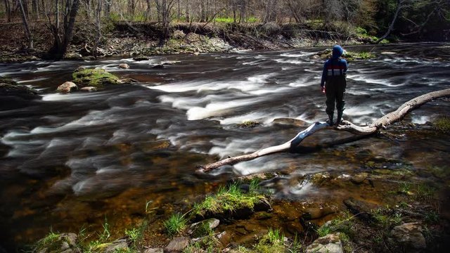 Timelapse man in waders walking around fast moving river.