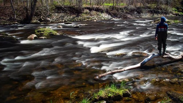 Timelapse man in waders walking around fast moving river.