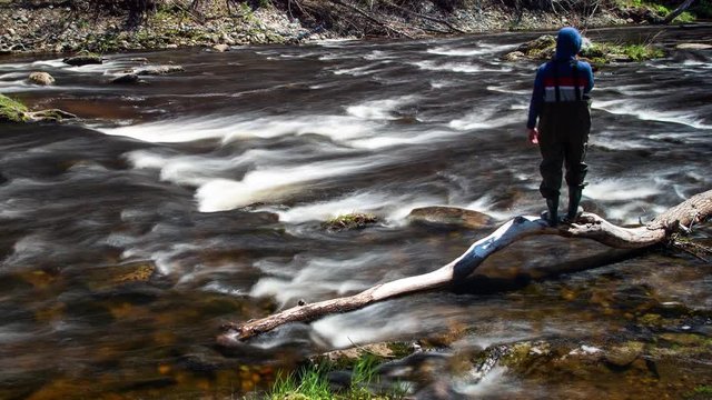 Timelapse man in waders walking around fast moving river.