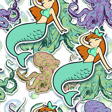 Fantasy hand drawn seamless illustration of a cartoon mermaid on different textures