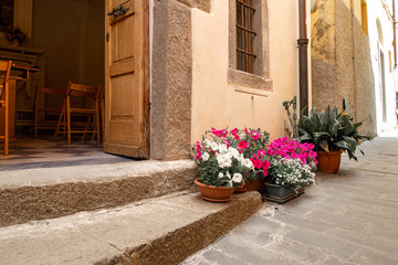 Fototapeta na wymiar Riomaggiore in Cinque Terre, Italy. Beautiful narrow streets with church. Summer cityscape