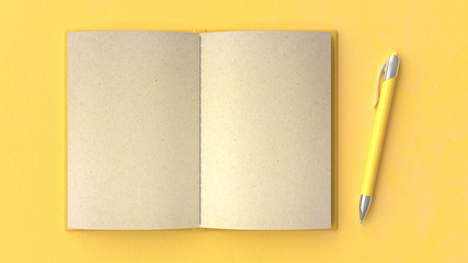 notebook and pen yellow background.