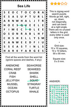 Sea life themed zigzag word search puzzle (suitable both for kids and adults). Answer included.