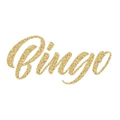 Bingo hand lettering, custom typography, brush calligraphy with golden glitte texture isolated on white background. Vector type illustration.