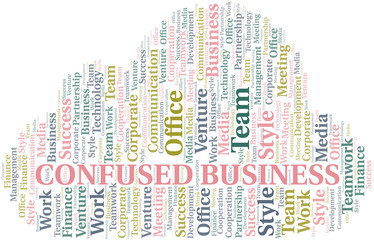 Confused Business word cloud. Collage made with text only.