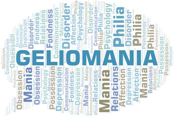 Geliomania word cloud. Type of mania, made with text only.