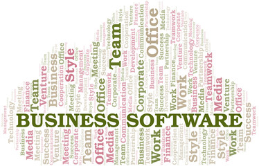 Business Software word cloud. Collage made with text only.