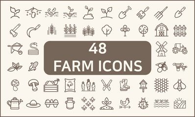 Set of 48 farm and agriculture Icons line style.  Contains such Icons as plant, animal, garden, corn, gardening tools, organic, nature And Other Elements.  customize color, stroke width control