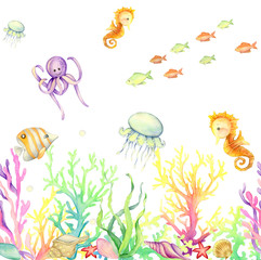 watercolor, underwater world, background, seamless pattern