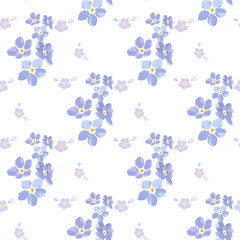Vintage seamless pattern with field small blue flowers on white background.