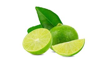 Natural fresh lime with water drops and slice of green lime citrus fruit stand isolated on white background.